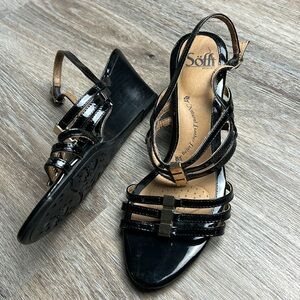 Sofft Black Strappy Leather Wedge Sandals Size 10 Medium